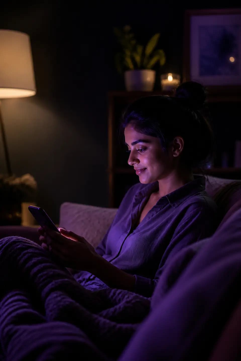 A calm cozy room at night — a safe space to talk anonymously